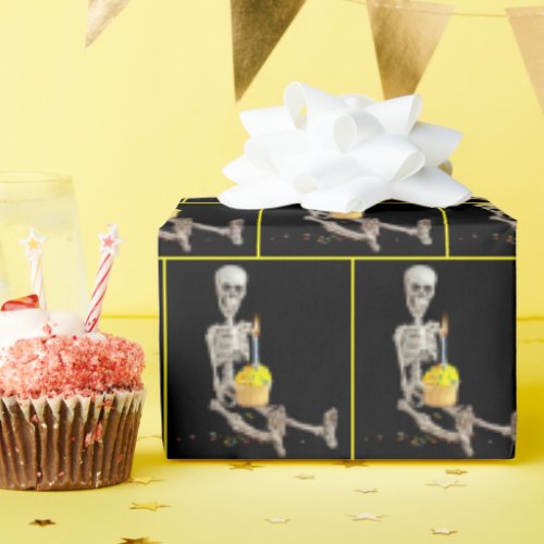 Halloween Skeleton With Birthday Cake Wrapping Paper