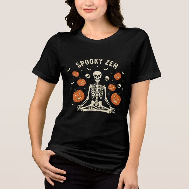 Halloween Skeleton Yoga Meditation with Skulls Tri-Blend Shirt (Front)