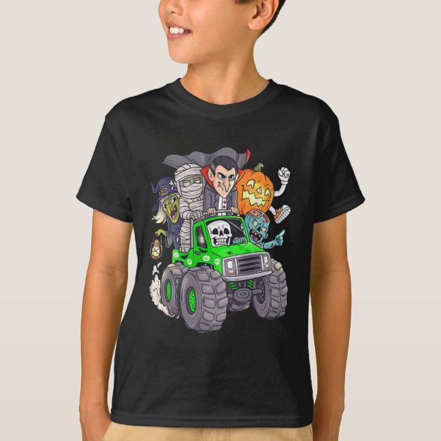Halloween Skeleton Zombie Monster Truck Vampire Bo T-Shirt (Front)