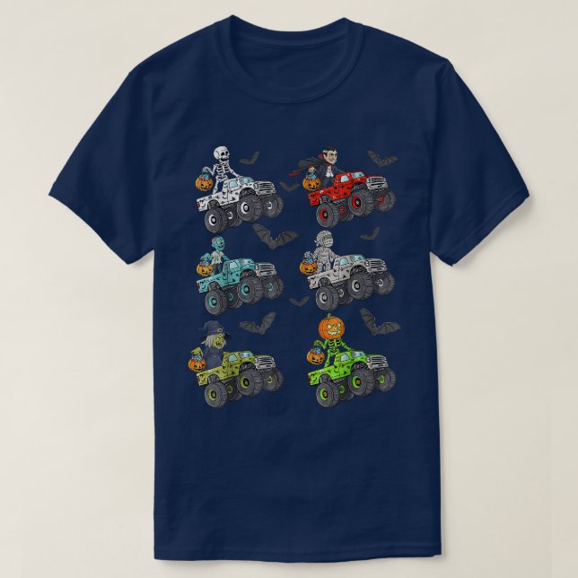Halloween Skeleton Zombie Riding Monster Truck Vam T-Shirt (Design Front)