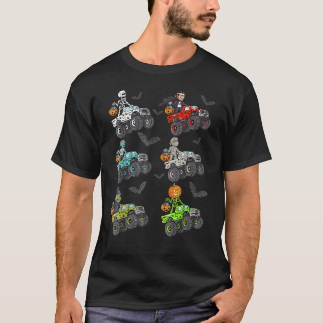 Halloween Skeleton Zombie Riding Monster Truck Vam T-Shirt (Front)