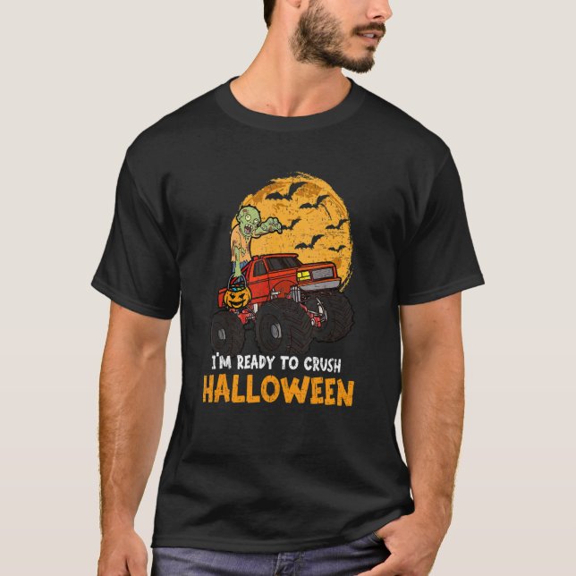 Halloween Skeleton Zombie Riding Monster Truck Vam T-Shirt (Front)