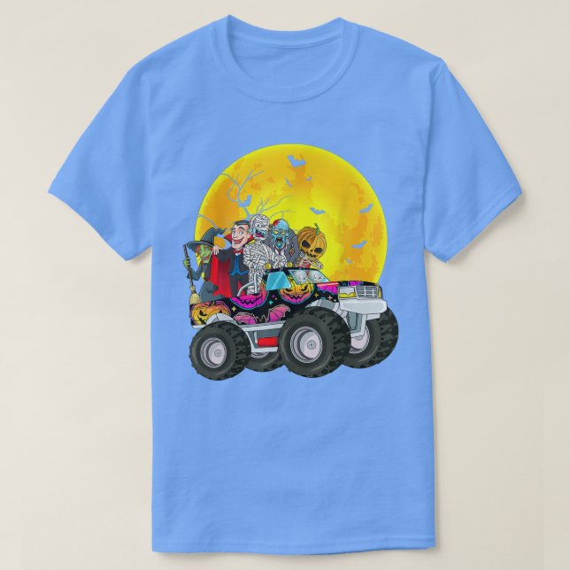 Halloween Skeleton Zombie Riding Monster Truck Vam T-Shirt (Design Front)