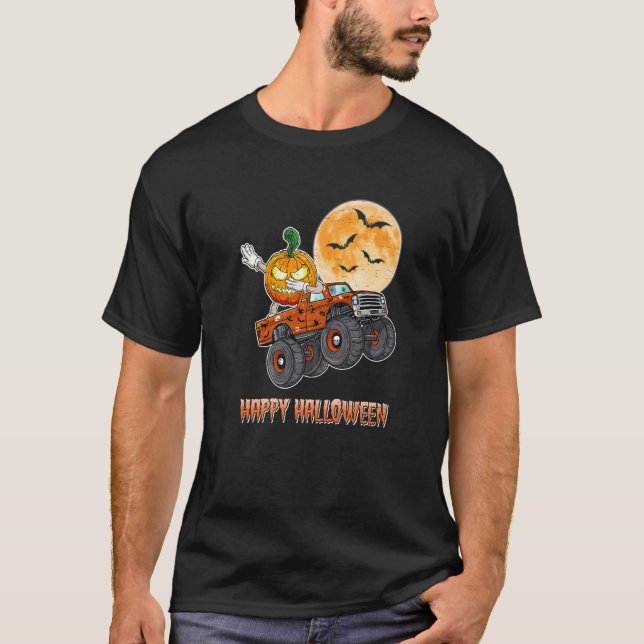Halloween Skeleton Zombie Riding Monster Truck Vam T-Shirt (Front)