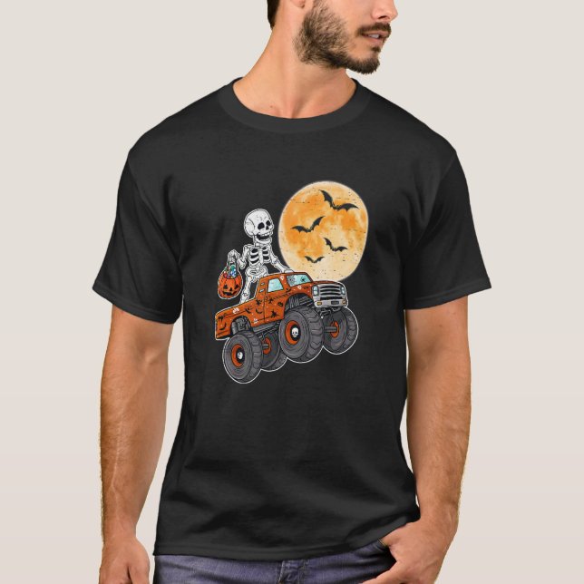 Halloween Skeleton Zombie Riding Monster Truck Vam T-Shirt (Front)