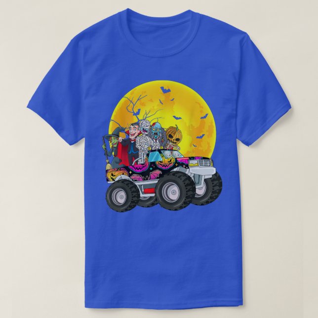 Halloween Skeleton Zombie Riding Monster Truck Vam T-Shirt (Design Front)