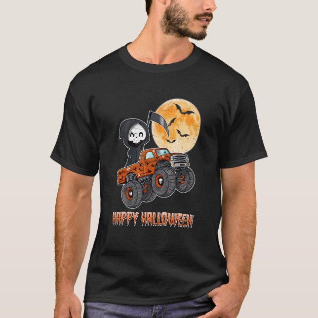 Halloween Skeleton Zombie Riding Monster Truck Vam T-Shirt (Front)