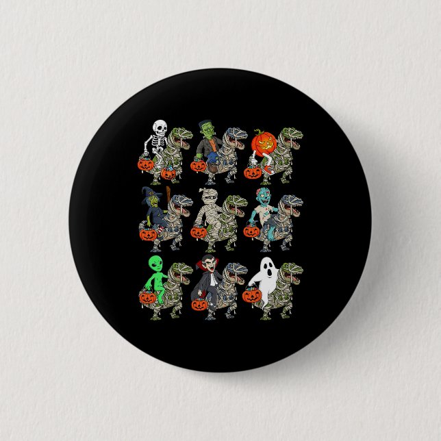 Halloween Skeleton Zombie Riding Mummy T Rex Vampi Button (Front)