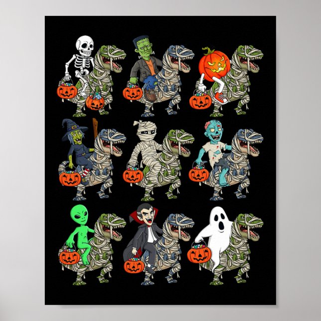 Halloween Skeleton Zombie Riding Mummy T Rex Vampi Poster (Front)