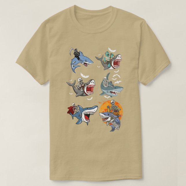 Halloween Skeleton Zombie Riding Shark Mommy Vampi T-Shirt (Design Front)
