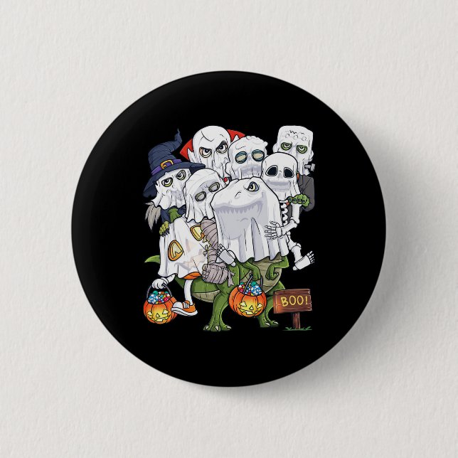 Halloween Skeleton Zombie Riding T Rex Funny Pumpk Button (Front)