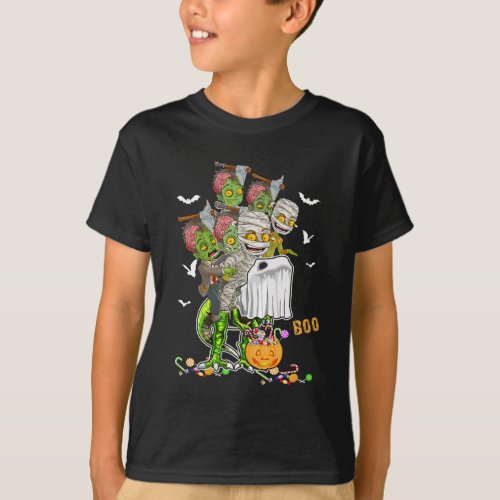 Halloween Skeleton Zombies Riding T Rex Funny Pump T_Shirt