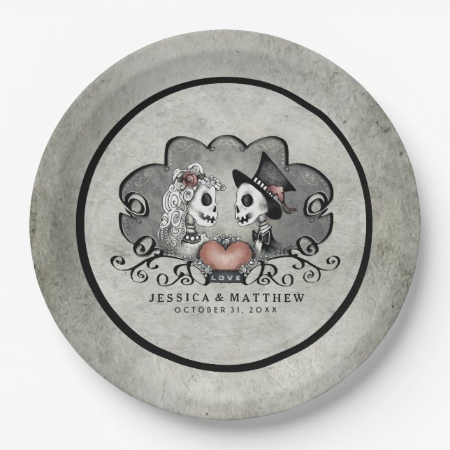 Halloween Skeletons Black & Gray Matching Wedding Paper Plates (Front)