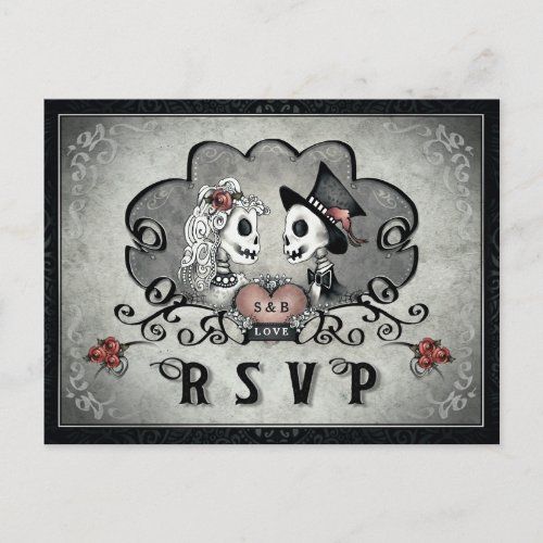 Halloween Skeletons Black Gray  Red Heart RSVP Invitation Postcard