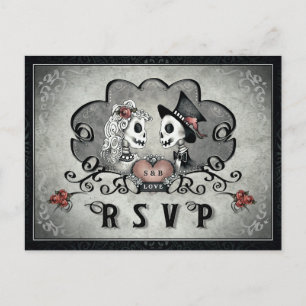 Halloween Skeletons Black Gray & Red Heart RSVP Invitation Postcard