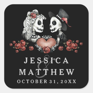 Halloween Skeletons Black & White Names Wedding Square Sticker