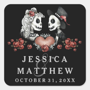 Halloween Skeletons Black & White Names Wedding Square Sticker