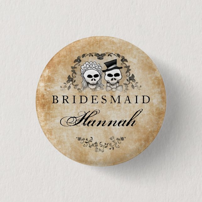 Halloween Skeletons Brown Gothic Bridesmaid Button (Front)