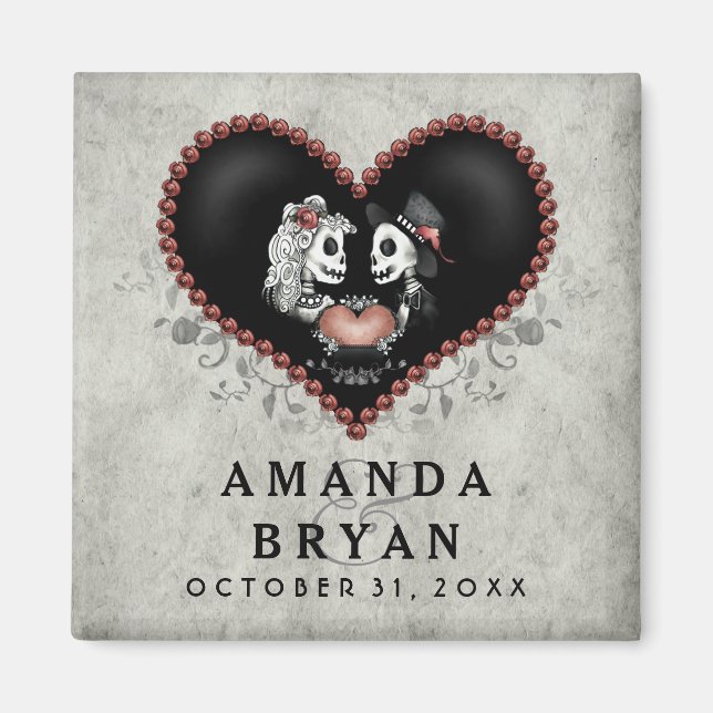 Halloween Skeletons Gray Black Heart Save the Date Magnet (Front)