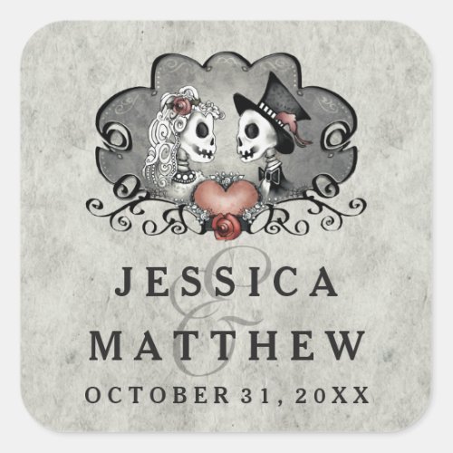 Halloween Skeletons Gray Black Names Wedding Date Square Sticker