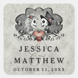 Halloween Skeletons Gray Black Names Wedding Date Square Sticker