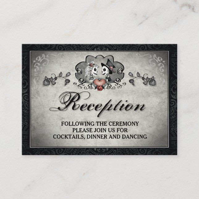 Halloween Skeletons & Heart Black Gray Reception Enclosure Card (Front)