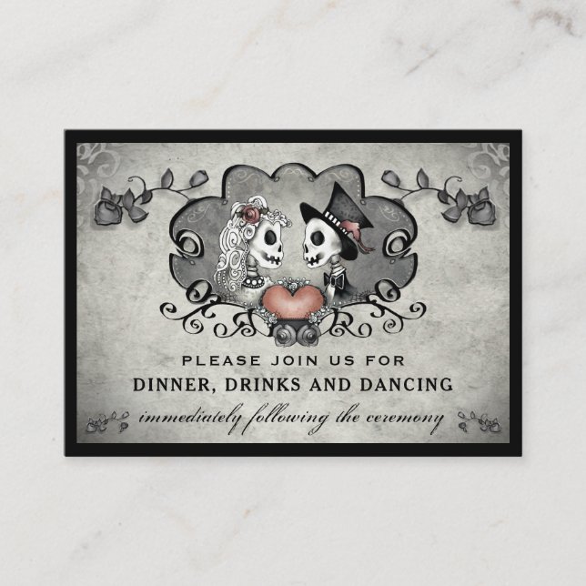 Halloween Skeletons & Heart Black Gray Reception Enclosure Card (Front)