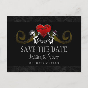 Halloween Skeletons & Heart Matching Save the Date Announcement Postcard
