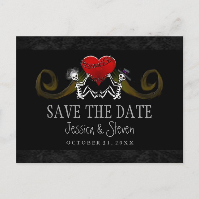 Halloween Skeletons & Heart Matching Save the Date Announcement Postcard (Front)