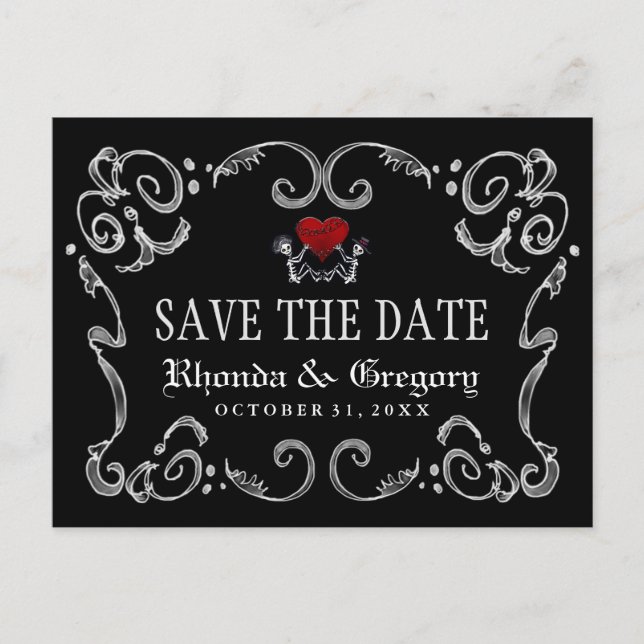 Halloween Skeletons & Heart Matching Save the Date Announcement Postcard (Front)