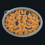 Halloween Skeletons Macabre Dance Belt Buckle<br><div class="desc">Halloween Skeletons Macabre Dance,  bats,  witch cats and tomb stones,  all elements assembled to compose a spooky pattern. Original vector graphic art copyright BluedarkArt.</div>