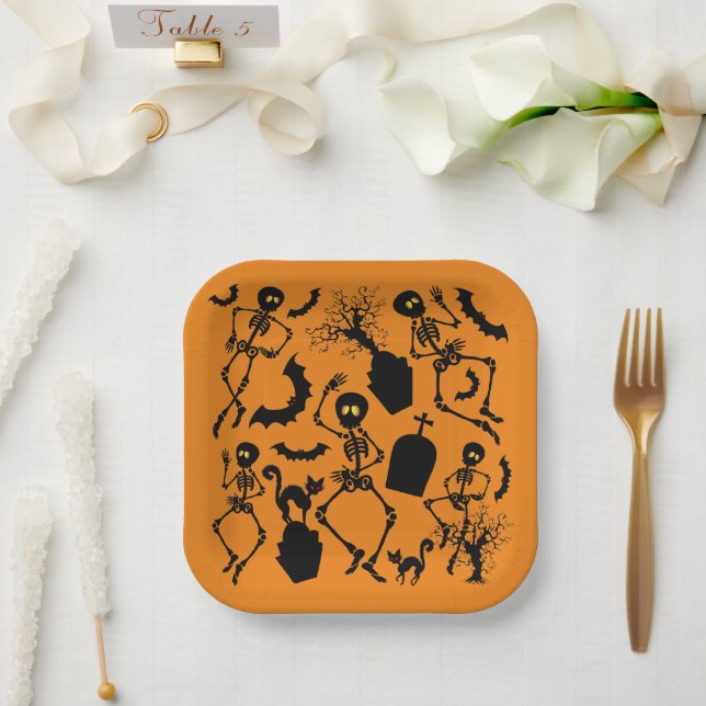 Halloween Skeletons Macabre Dance Paper Plates (Wedding)