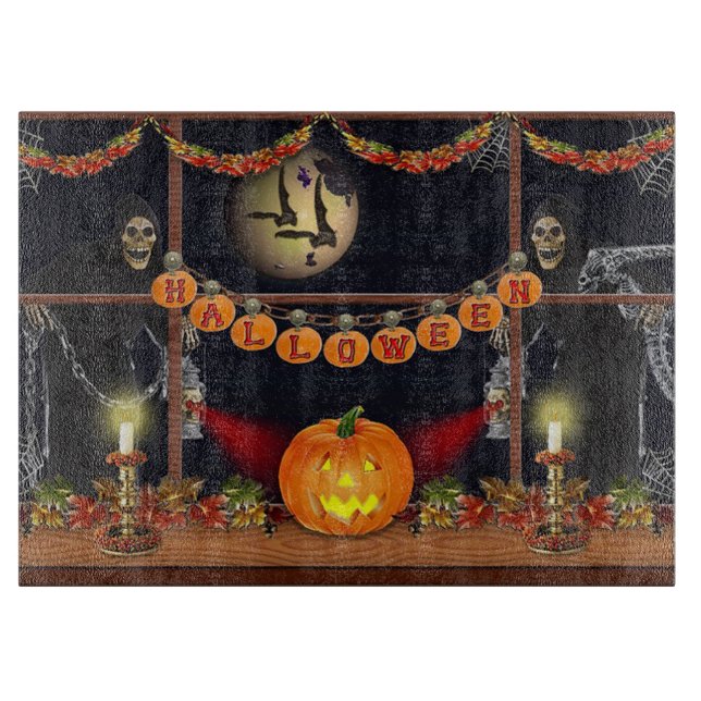 Halloween Skeletons, Pumpkins and Bats Cutting Board (Front)