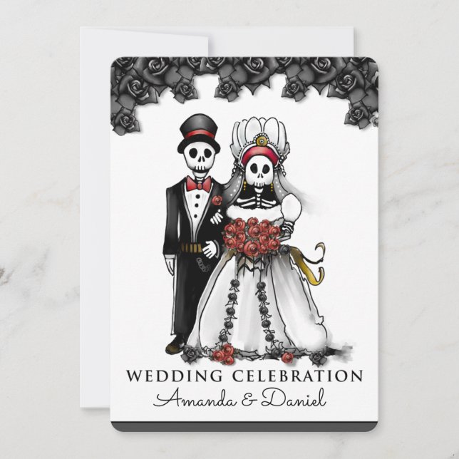 Halloween Skeletons Red Bride Groom Together With Invitation (Front)