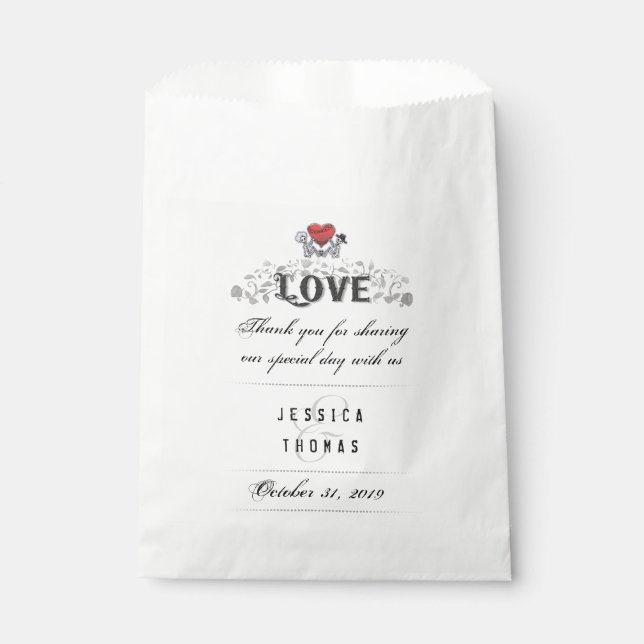 Halloween Skeletons Red Heart LOVE Wedding Names Favor Bag (Front)