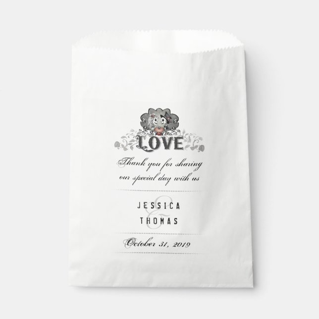 Halloween Skeletons Red Heart LOVE Wedding Names Favor Bag (Front)