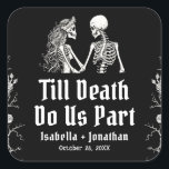 Halloween Skeletons Till Death Do Us Part Wedding Square Sticker<br><div class="desc">💀 Till Death Do Us Part Halloween Skeleton Wedding Square Sticker Add a spooky-chic seal to your love story! 🕸️🖤 This Till Death Do Us Part Square Wedding Sticker features a vintage skeleton couple and elegant gothic typography — perfect for Halloween weddings, gothic ceremonies, or alternative fall celebrations. Use these...</div>