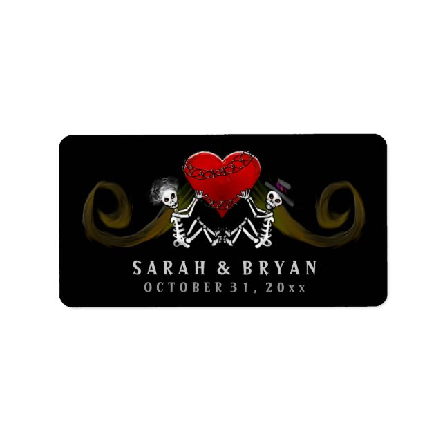 Halloween Skeletons with Heart Wedding Label (Front)