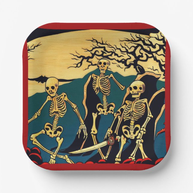 Halloween - Skeletons Woodcut 4 Paper Plates (Front)