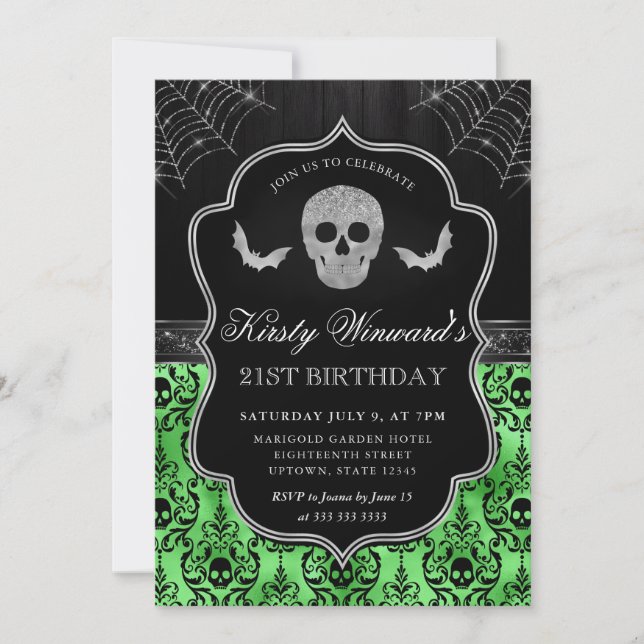 Halloween Skull and Bat Damask 21st Birthday Invitation (Front)