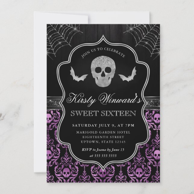 Halloween Skull and Bat Damask Sweet 16 Invitation (Front)