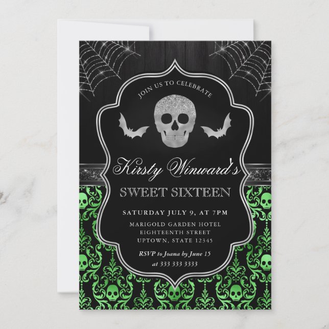 Halloween Skull and Bat Damask Sweet 16 Invitation (Front)