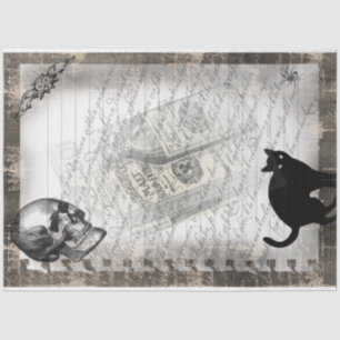 Halloween Skull and Black Cat Script Ephemera Tissue Paper