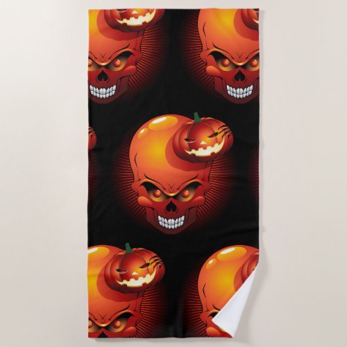 Halloween Skull and Pumpkin   Beach Towel