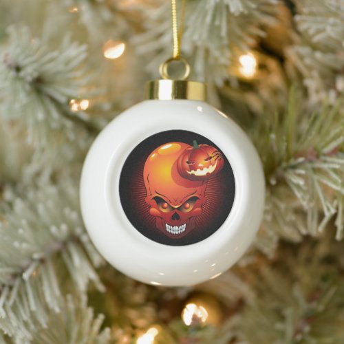 Halloween Skull and Pumpkin   Ceramic Ball Christmas Ornament