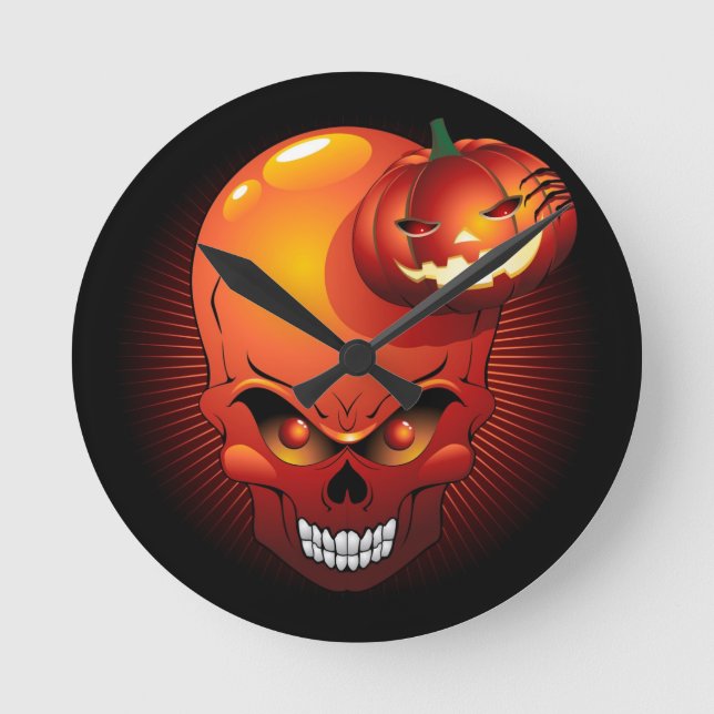 Halloween Skull and Pumpkin Round Clock (Front)