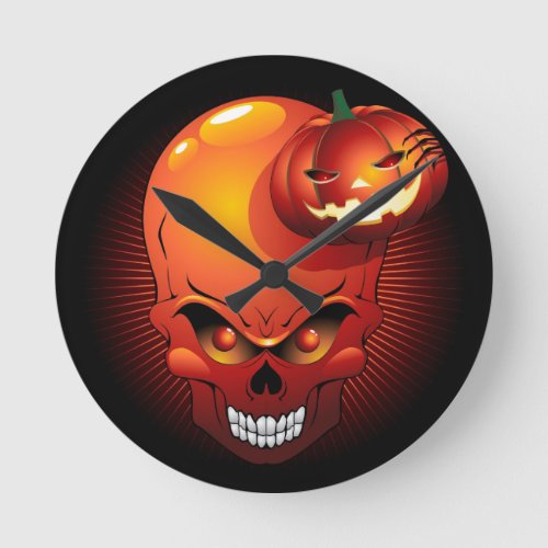 Halloween Skull and Pumpkin   Round Clock