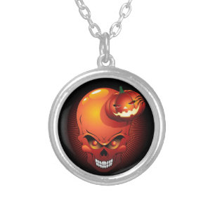 Halloween Skull and Pumpkin Silver Plated Necklace