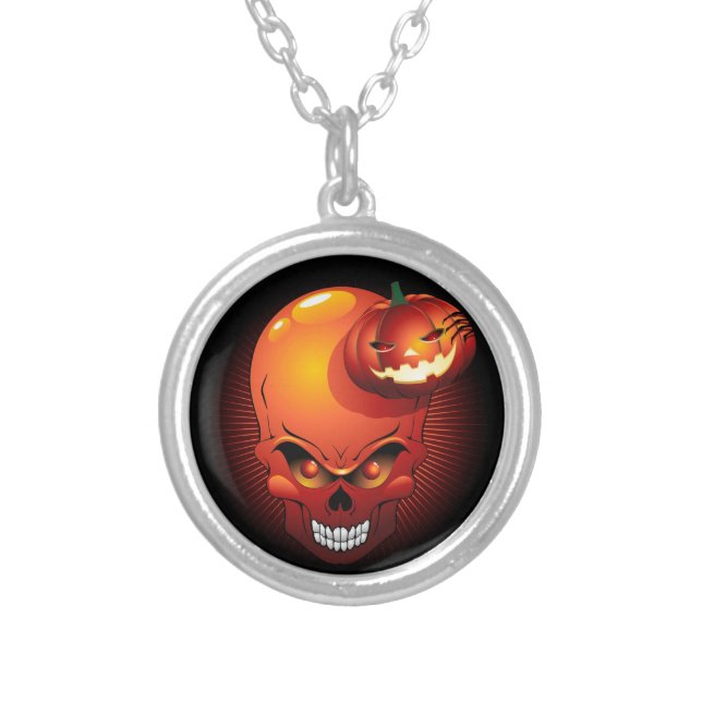 Halloween Skull and Pumpkin   Silver Plated Necklace (Front)