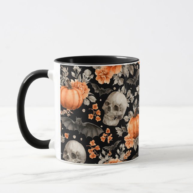 Halloween Skull Bats and Flowers Black Mug (Left)